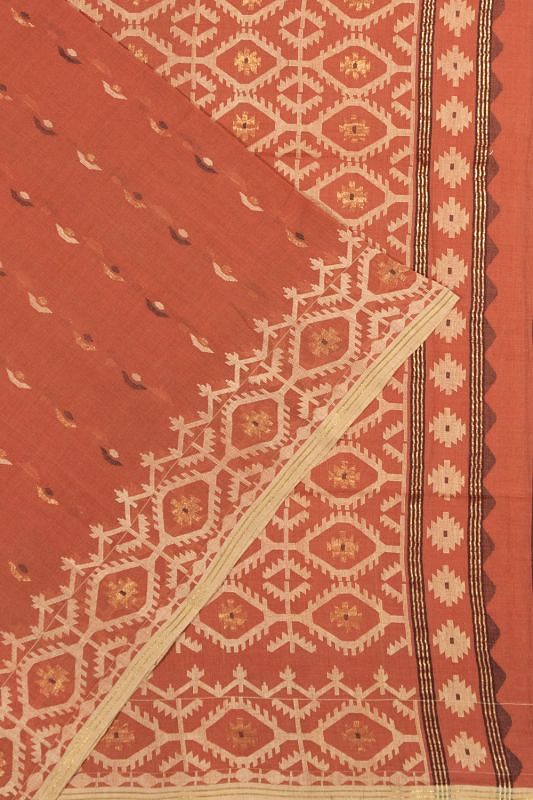 Dhakai Muslin Jamdani Cotton Butta Rust Red Saree