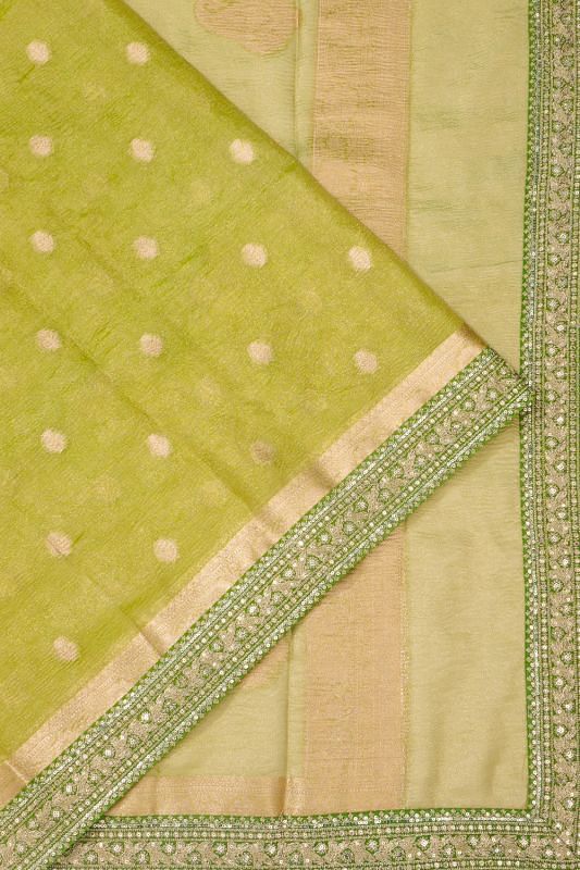 Organza Crushed Tissue Butta Parrot Green Saree