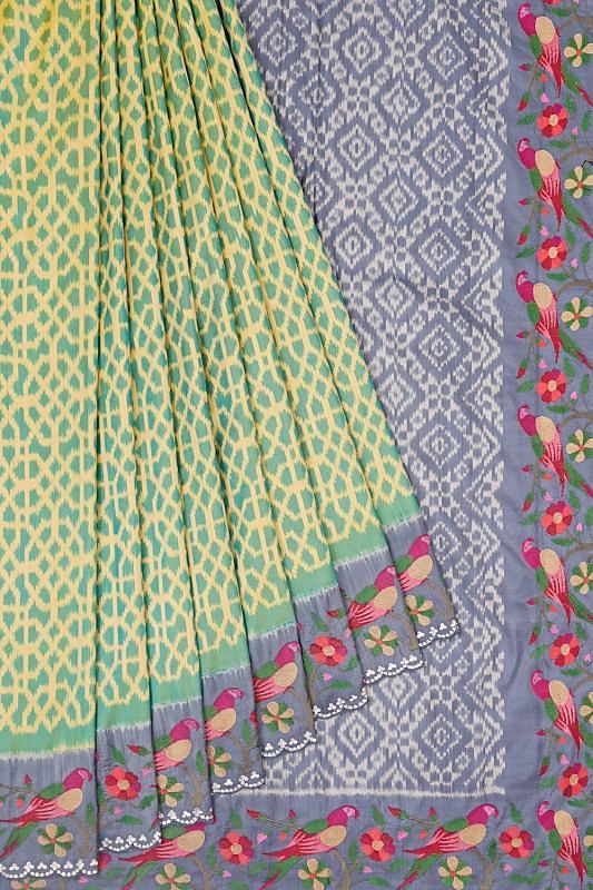 Pochampally Silk Ikat Green And Yellow Saree With Scallop Border