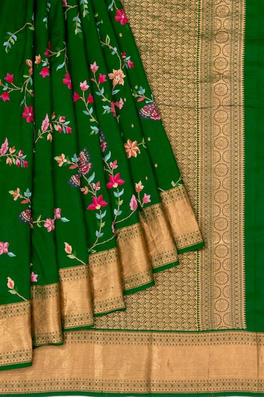 Soft Silk Embroidery Jaal Dark Green Saree