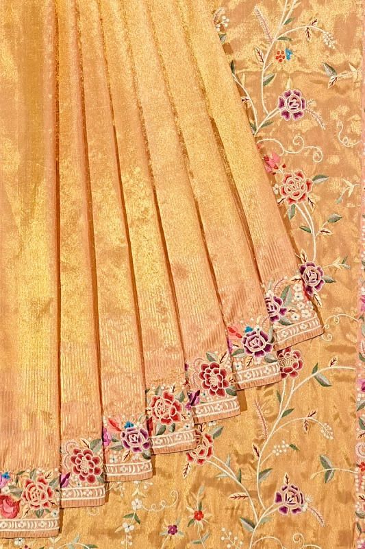 Parsi Gara X Kanchipuram Silk Tissue Brocade Gold Saree