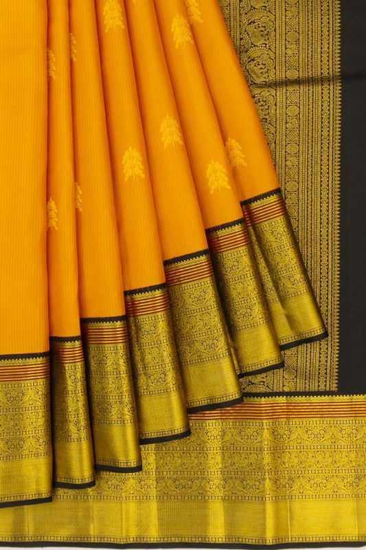 Kanchipuram Silk Vertical Lines And Butta Mustard Yellow Saree