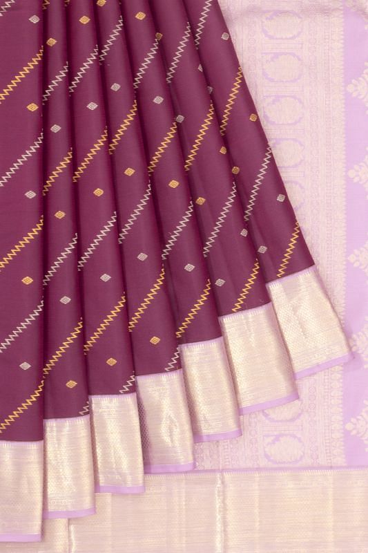 Classic Kanchipuram Silk Diagonal Lines And Butta Purple Saree