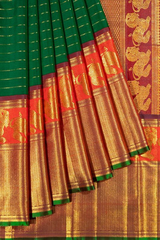 Kanchipuram Silk Horizontal Lines Dark Green Saree