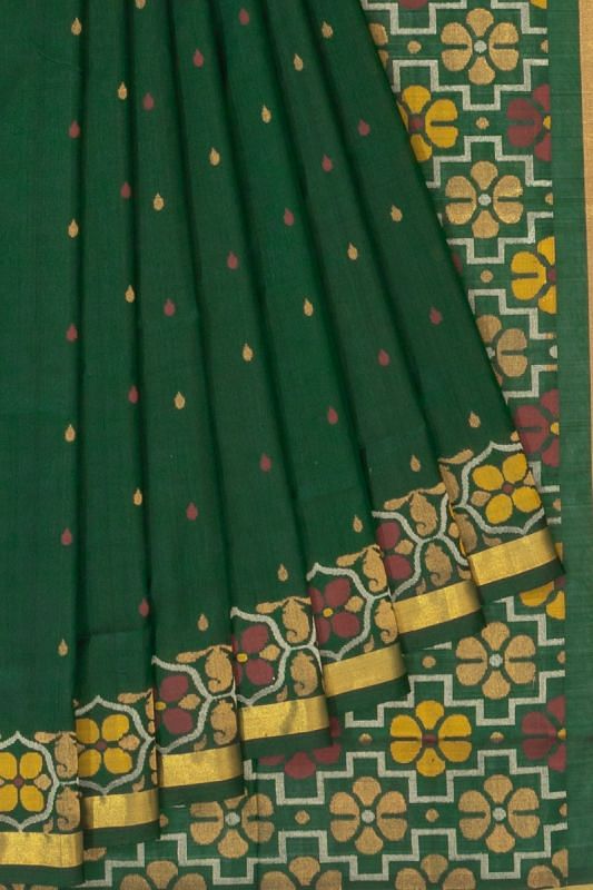 Uppada Silk Jamdani Butta Bottle Green Saree