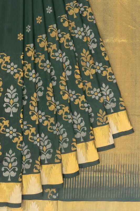 Uppada Silk Jamdani Butta Bottle Green Saree