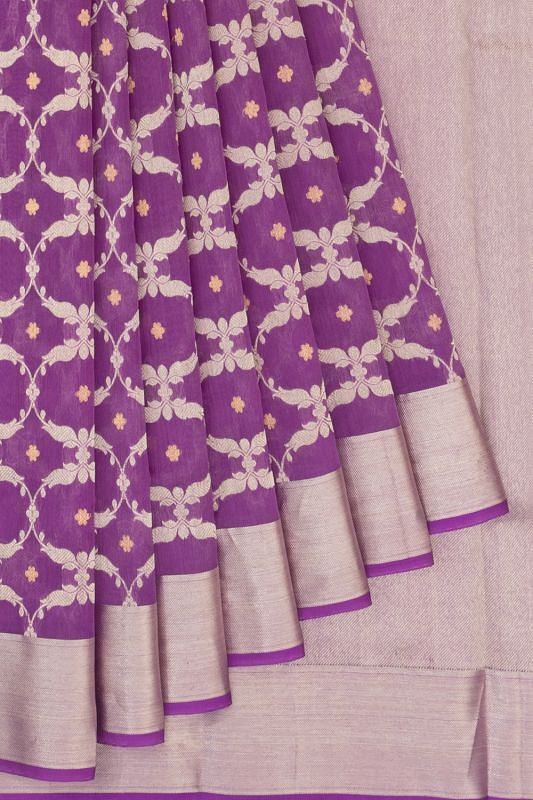 Pure Chanderi Silk Jaal And Butta Violet Saree