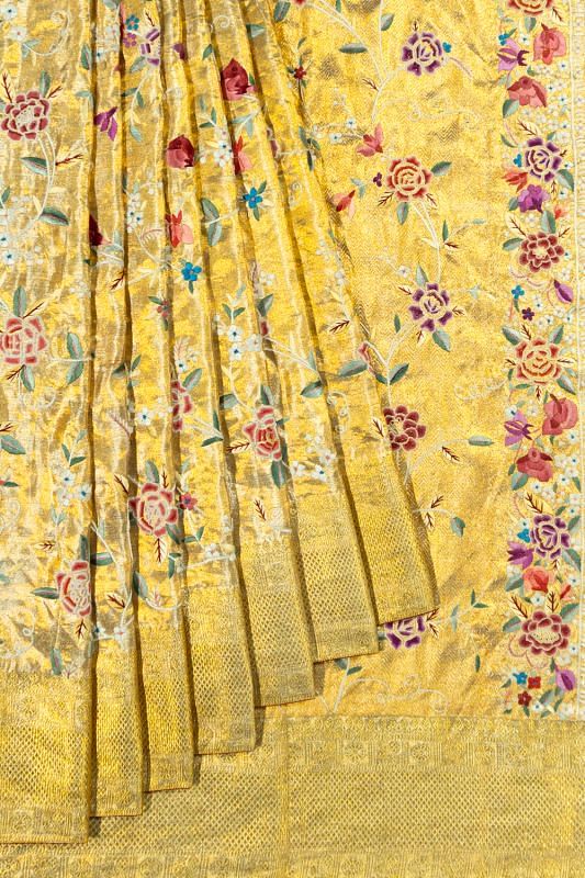 Parsi Gara X Kanchipuram Silk Tissue Jaal Gold Saree