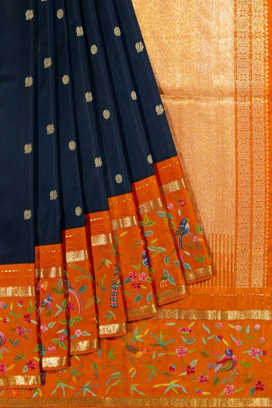 Petit Point X Kanchipuram Silk Butta Midnight Blue Saree