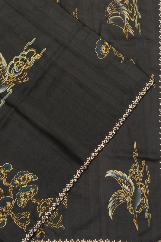 Tussar Plain Black Saree With Printed Pallu