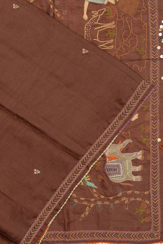 Tussar Plain Brown Saree With Embroidery