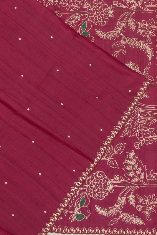 Tussar Embroidery Butta Purple Saree With Scallop Border