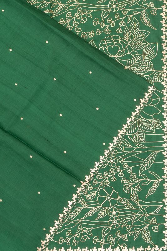 Tussar Embroidery Butta Dark Green Saree With Scallop Border