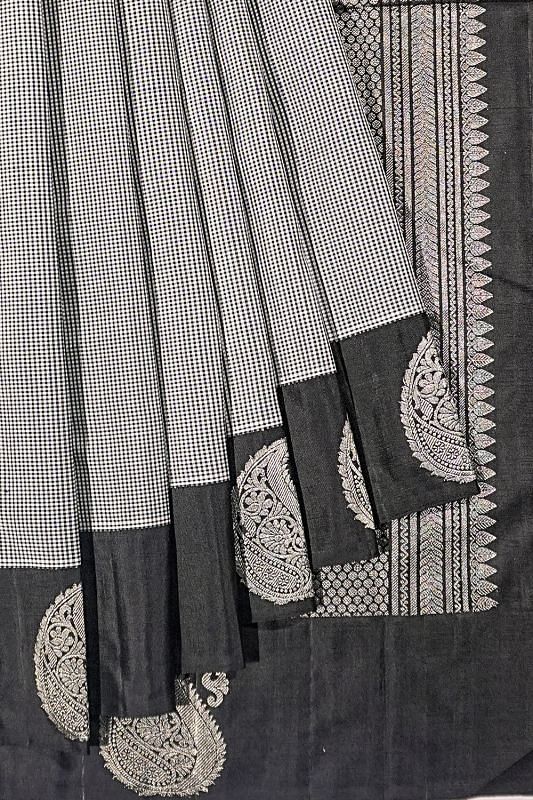 Classic Kanchipuram Silk Checks White And Black Saree