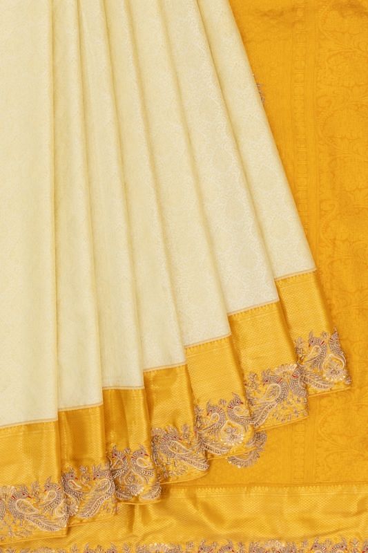 Kanchipuram Silk Brocade Cream Saree With Zardosi Work Border