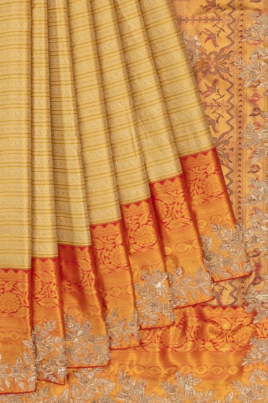 Kanchipuram Silk Tissue Brocade Gold Saree With Zardosi Work