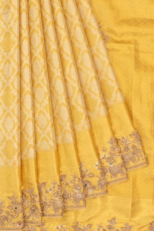 Kanchipuram Silk Brocade Gold Saree With Zardosi Work Border