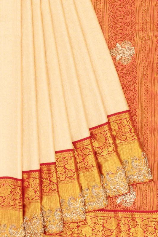 Kanchipuram Silk Brocade Cream Saree With Zardosi Work Border