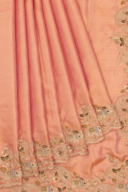 Kanchipuram Silk Tissue Brocade Peach Saree With Zardosi Work