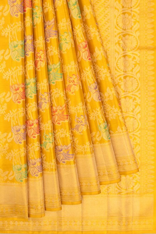 Kanchipuram Silk Meenakari Jaal Yellow Saree With Radha Krishna Motifs