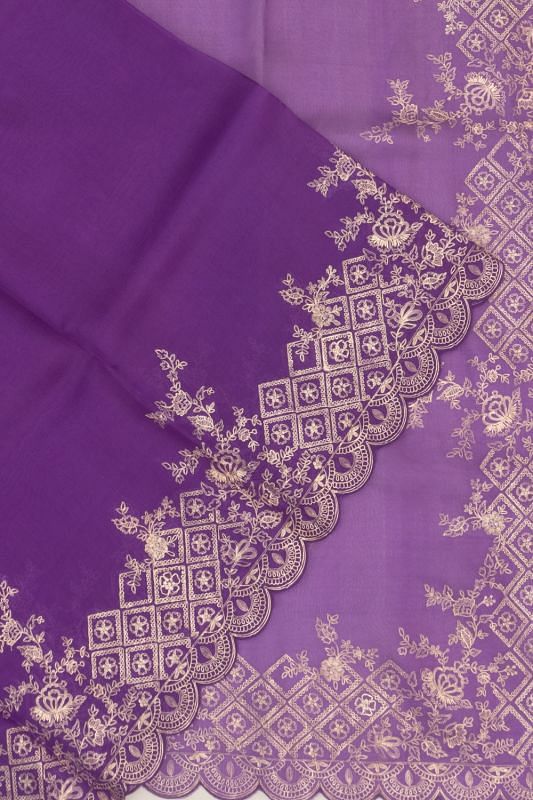 Organza Plain Violet Saree With Embroidery Scallop Border