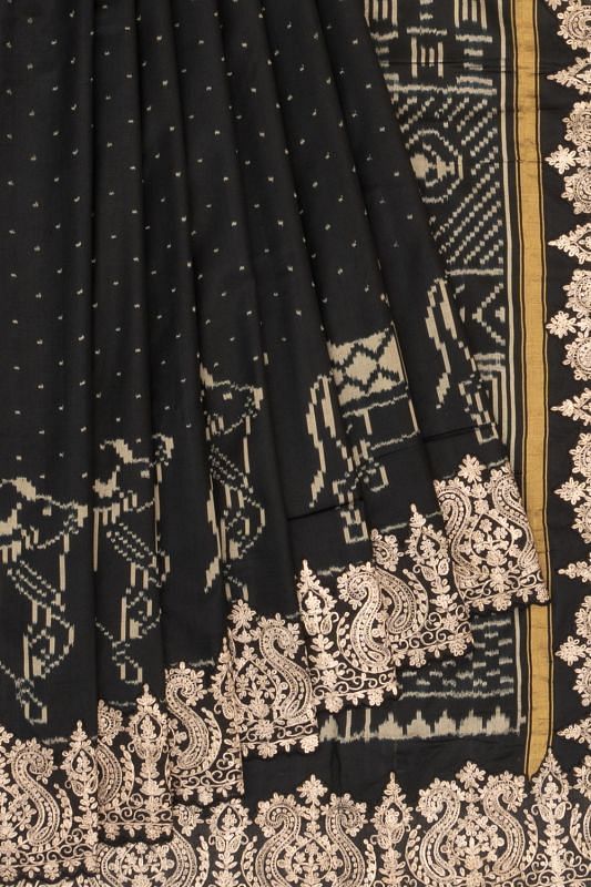 Pochampally Silk Ikat And Pichwai Black Saree With Embroidery Border And Pallu