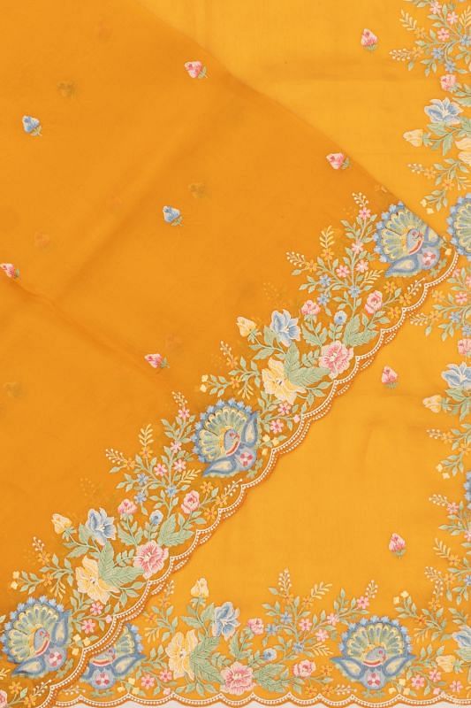 Organza Embroidery Butta Mustard Yellow Saree