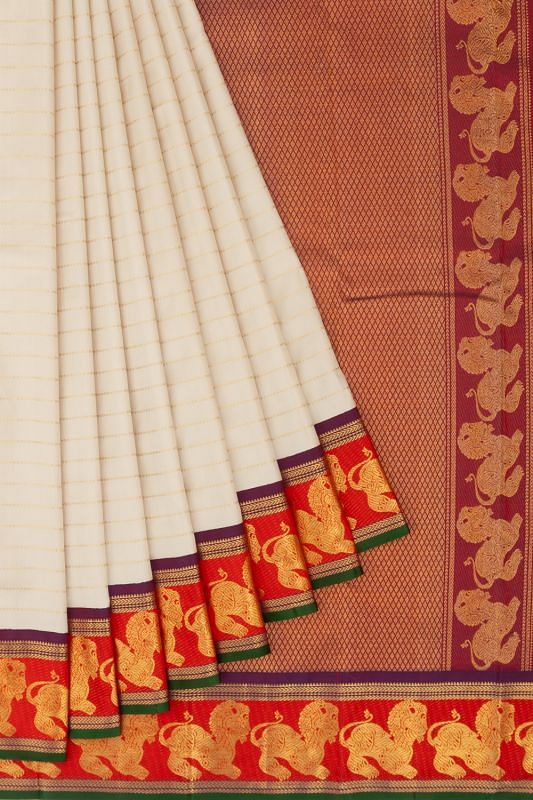 Kanchipuram Silk Horizontal Lines Off White Saree