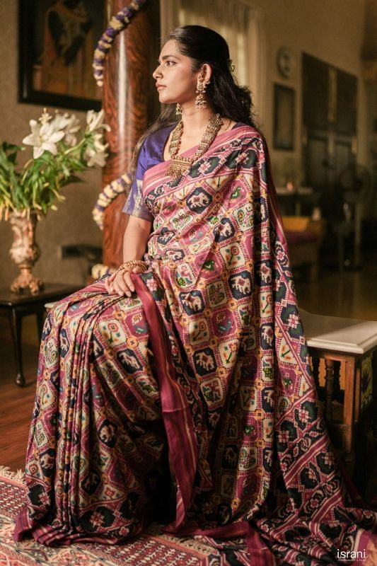 Patan Patola Silk Double Ikat 7 Figure Unique Pink Saree