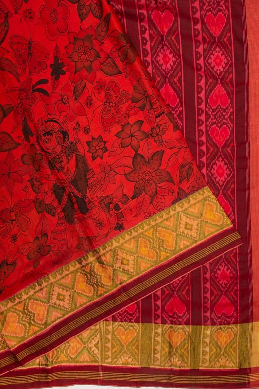 Rajkot Silk Ikat Kalamkari Red Saree