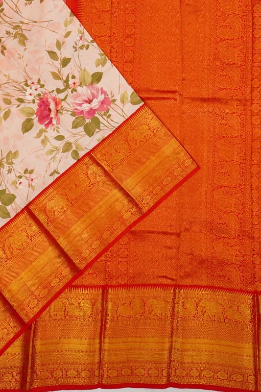 Kanchipuram Silk Floral Printed Peach Saree