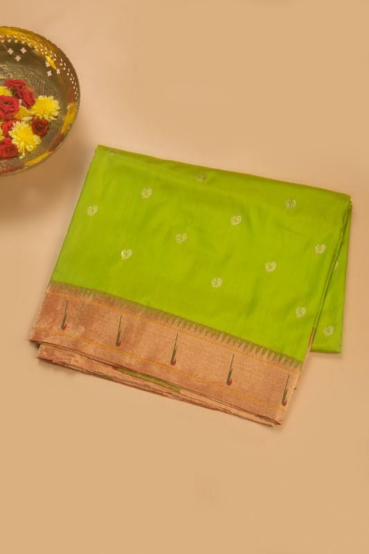 Paithani Silk Butta Green Saree With Single Muniya Border