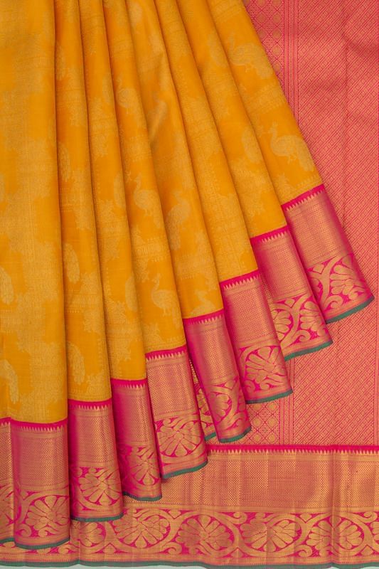 Kanchipuram Silk Checks And Butta Yellow Saree