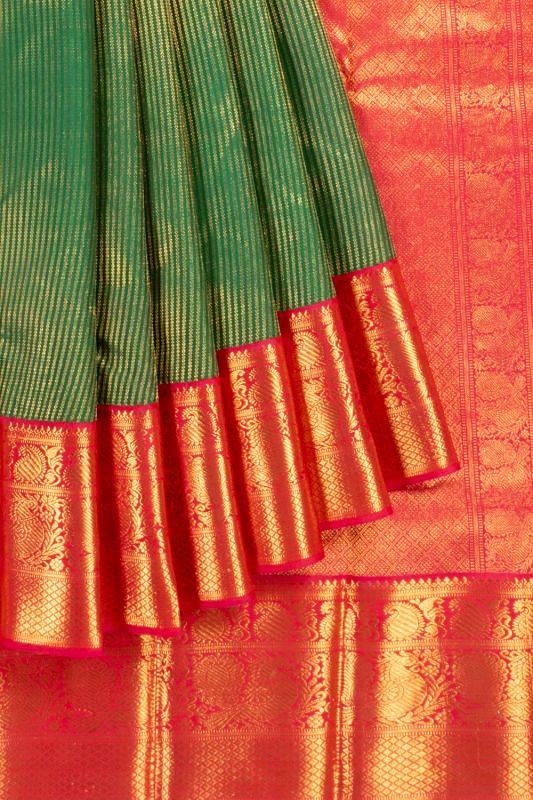 Kanchipuram Silk Veldhari Lines Dark Green Saree