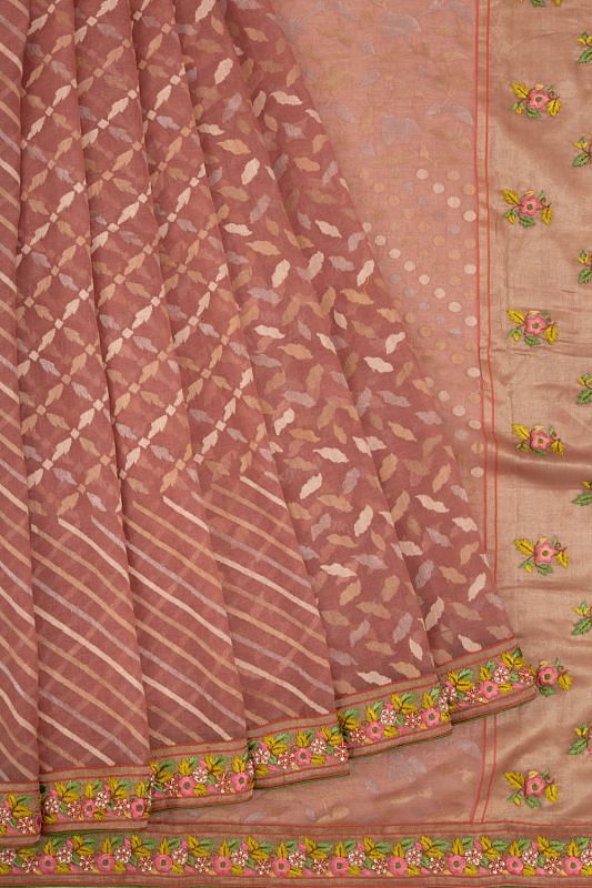 Banarasi Cotton Jamdani Brown Saree With Embroidery Border