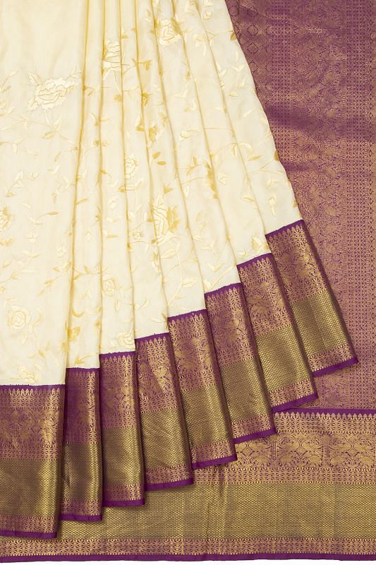 Parsi Gara Kanchipuram Silk Embroidery Cream Saree