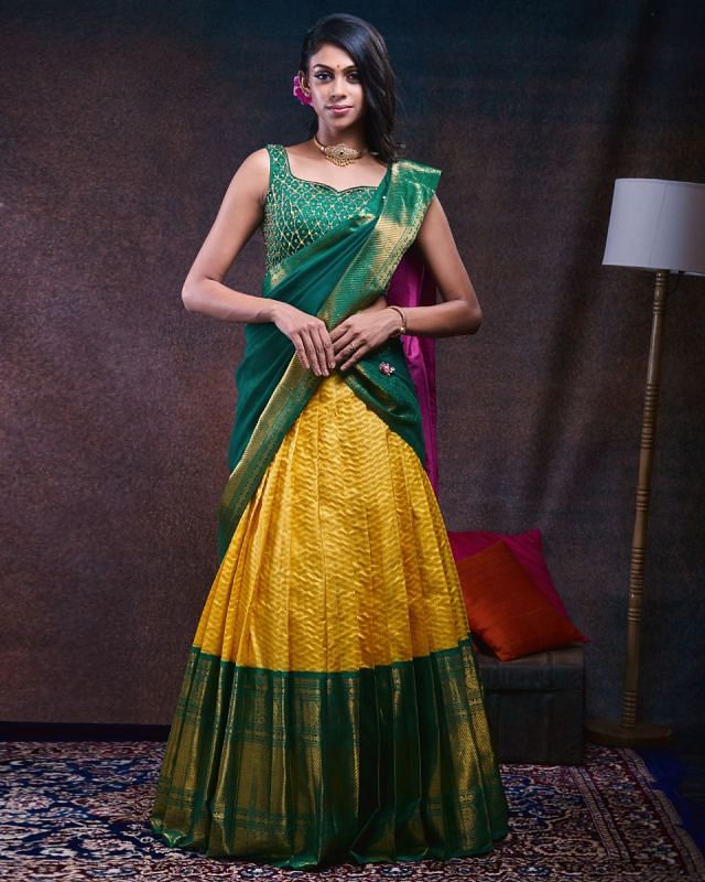 Kanchipuram Silk Brocade Yellow Lehenga With Georgette And Tussar Fusion