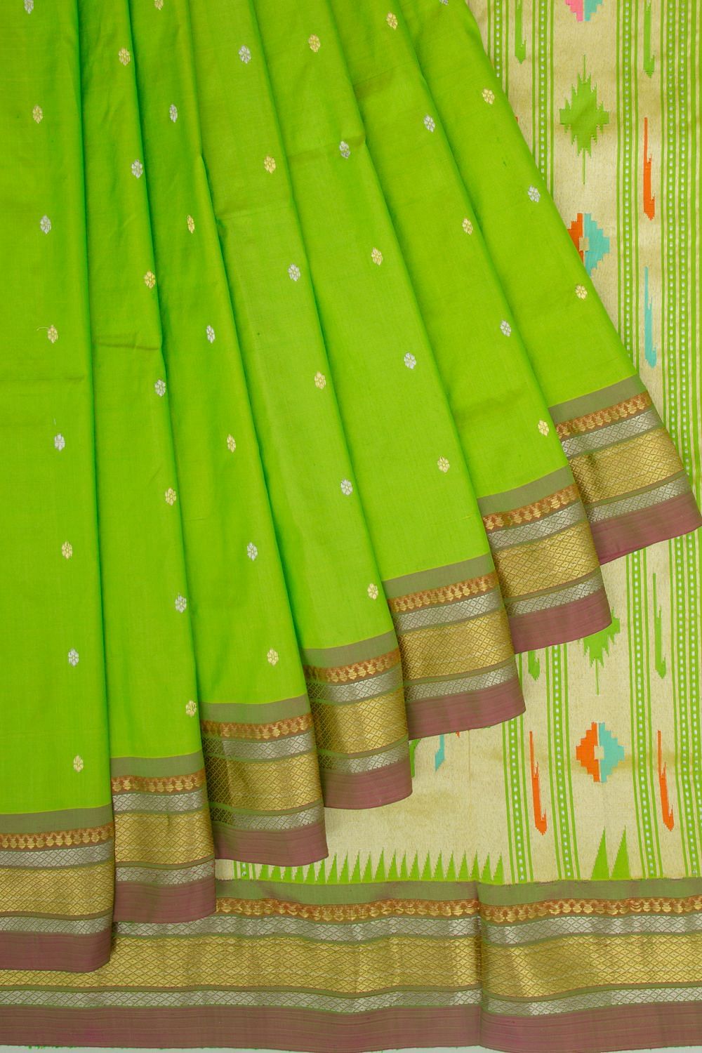 Paithani Silk Butta Parrot Green Saree | Kankatala