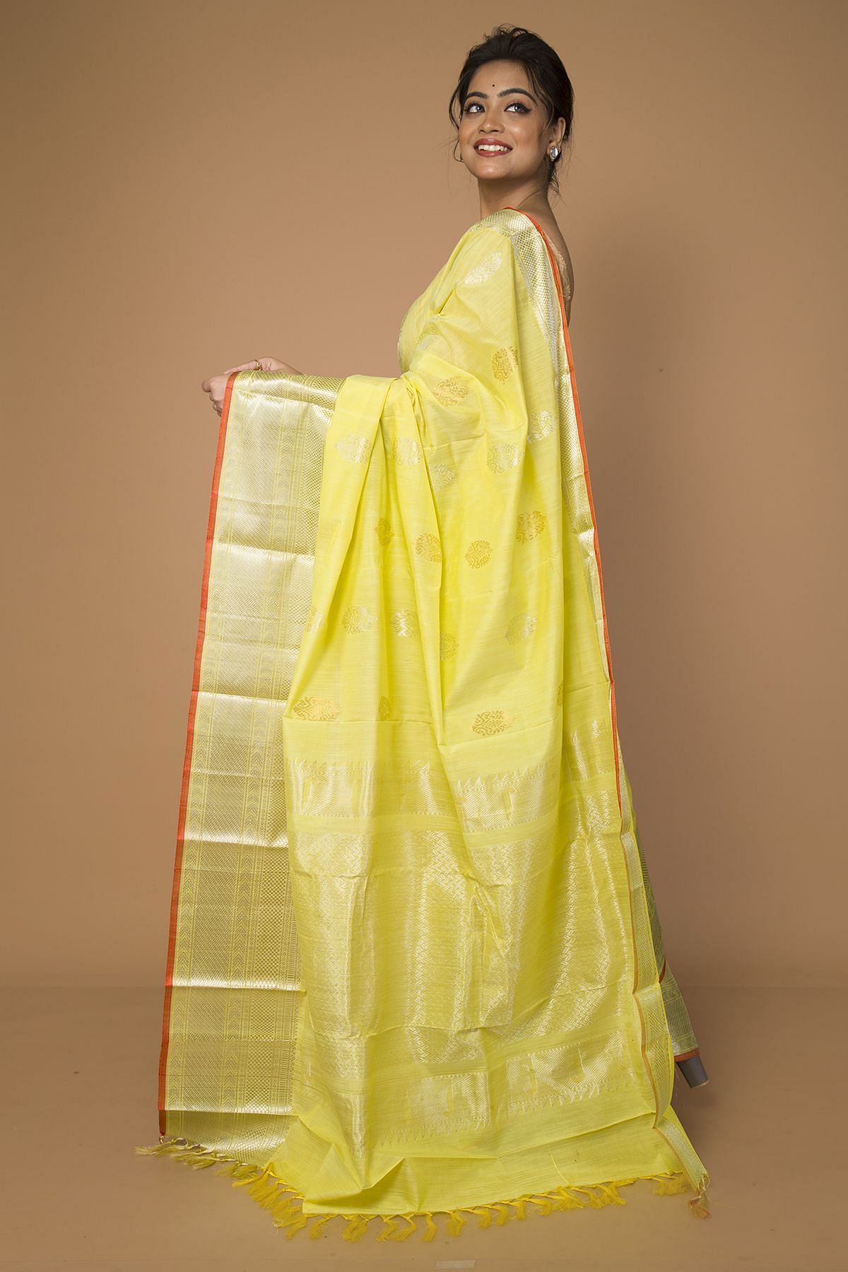 Arylide Yellow Saree in Cotton Silk - Clothsvilla