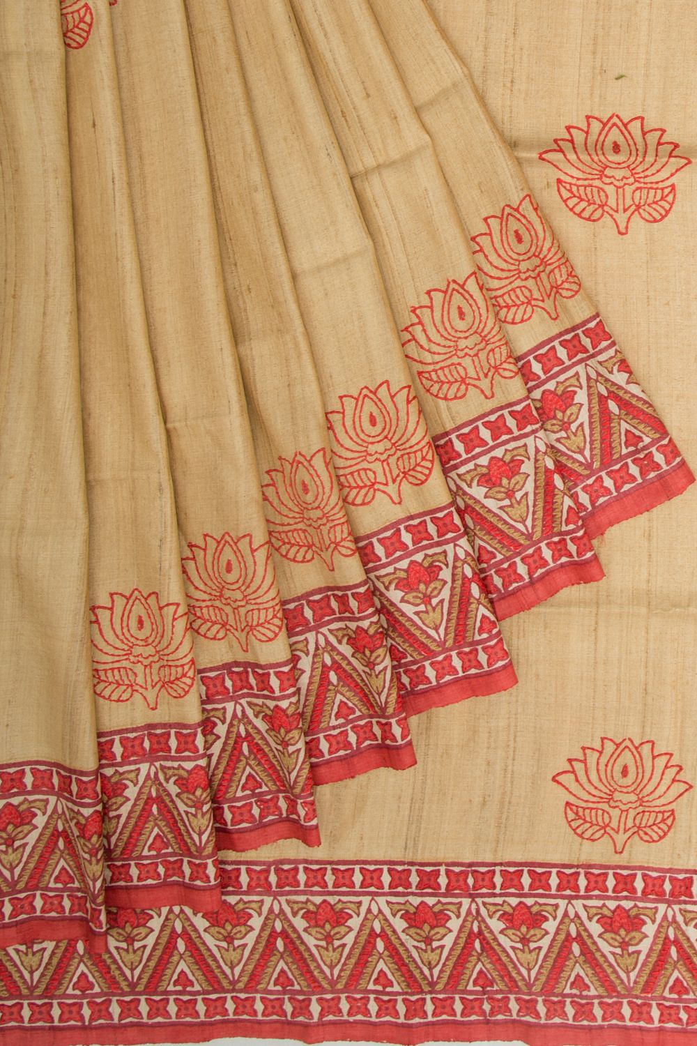 Buy Sandal Color Tussar Silk Saree with Hand Block and Hand Kantha Stitch  Work and Ganga Jamuna Border At IndyVogue