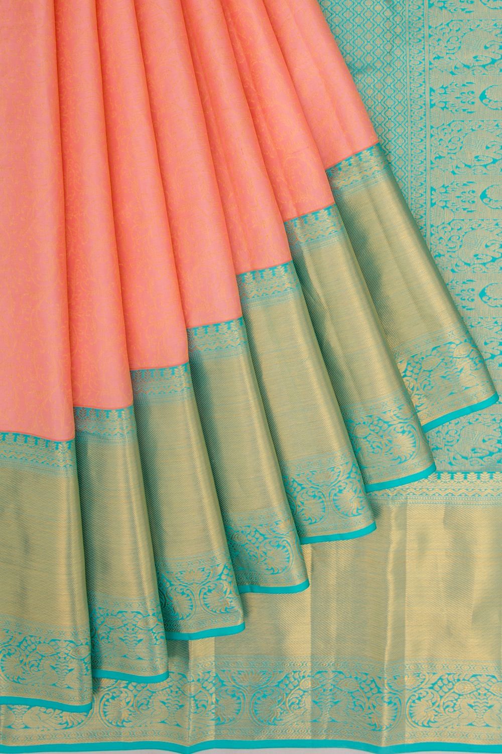 Peach Green Kanjivaram Pattu Silk Saree with Embossed Swarovski Crystals |  TST | The Silk Trend