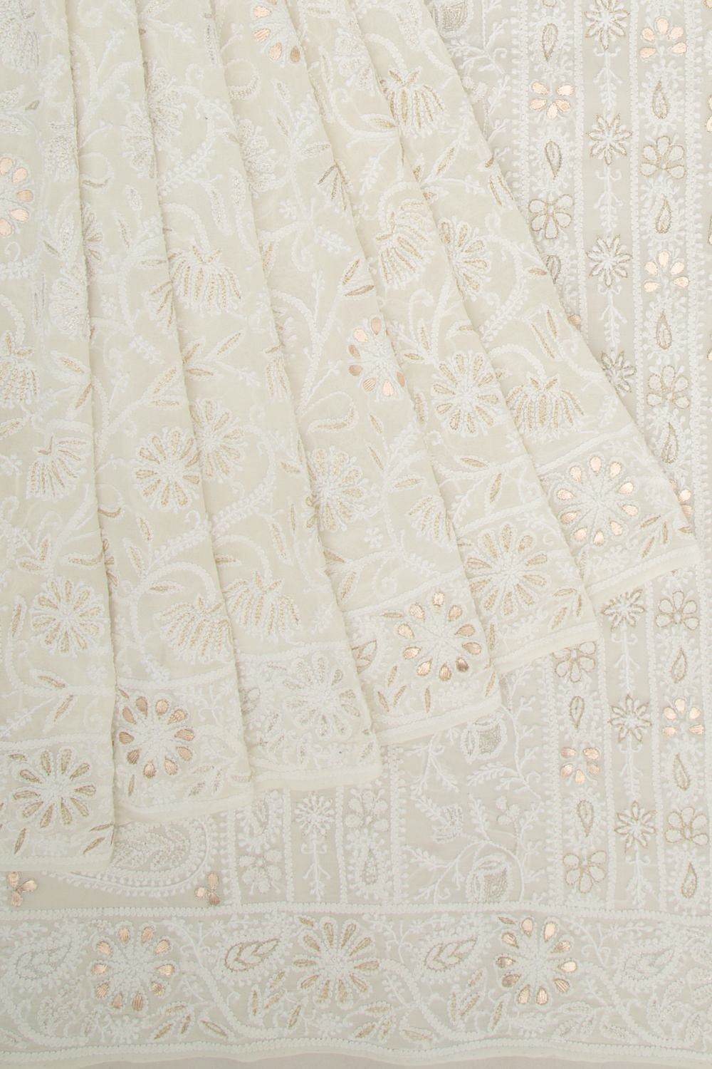 White Lucknowi Chikankari Georgette Saree with Patan Patola Border