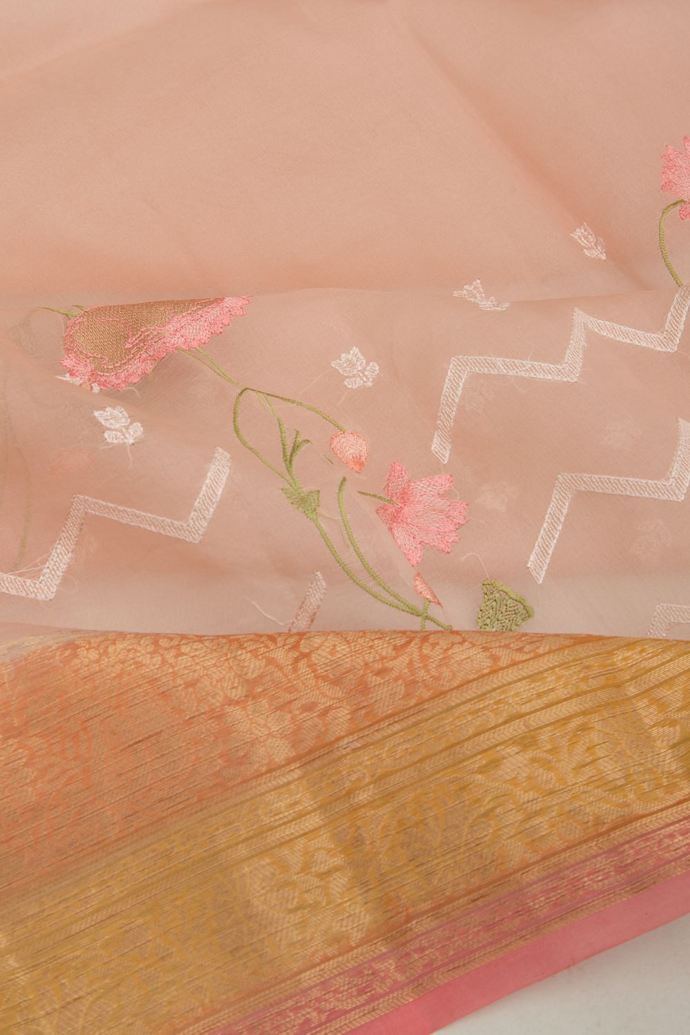 Organza Floral Embroidery Off White Saree