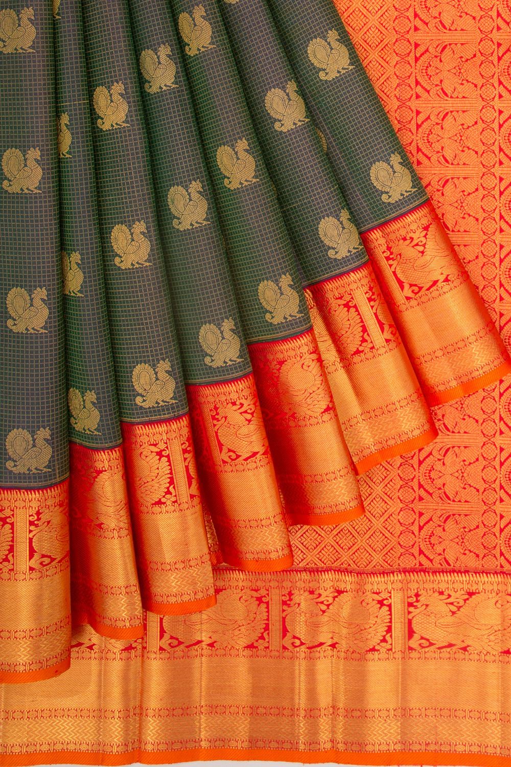 Kanchipuram Silk Checks And Butta Dual Tone Blue And Green Saree