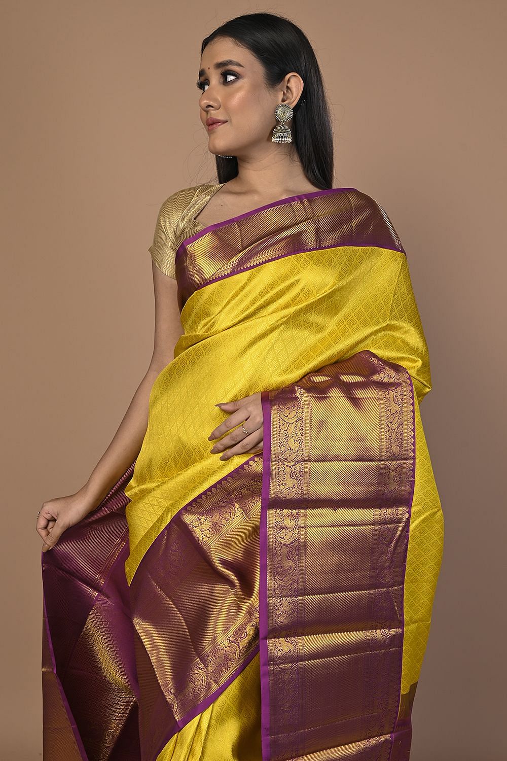 Lilac Purple & Yellow Woven Dola Silk Saree with Designer Embroidery B –  Rushini