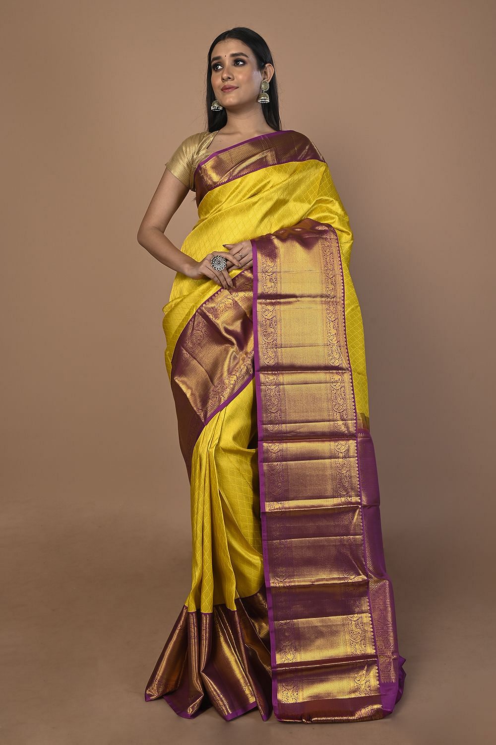 Handloom Pure Kanchi Silk Sarees - Yellow with Purple – Looms Legacy
