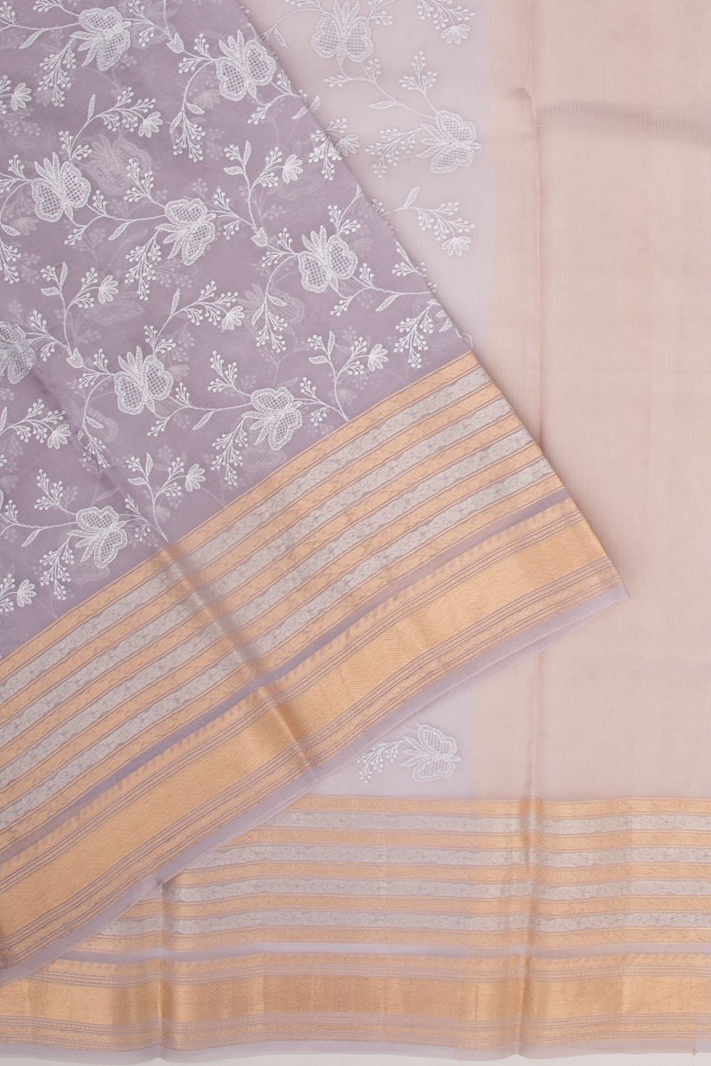 Organza Floral Embroidery Pastel Lavender Saree