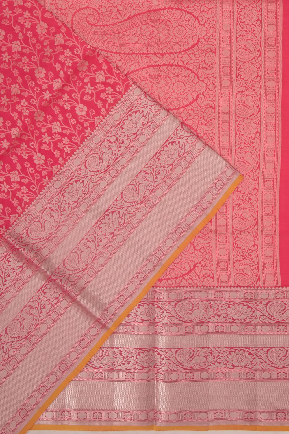 Baby Pink Coloured Kanchipuram Silk Saree with Silver Zari Pallu.