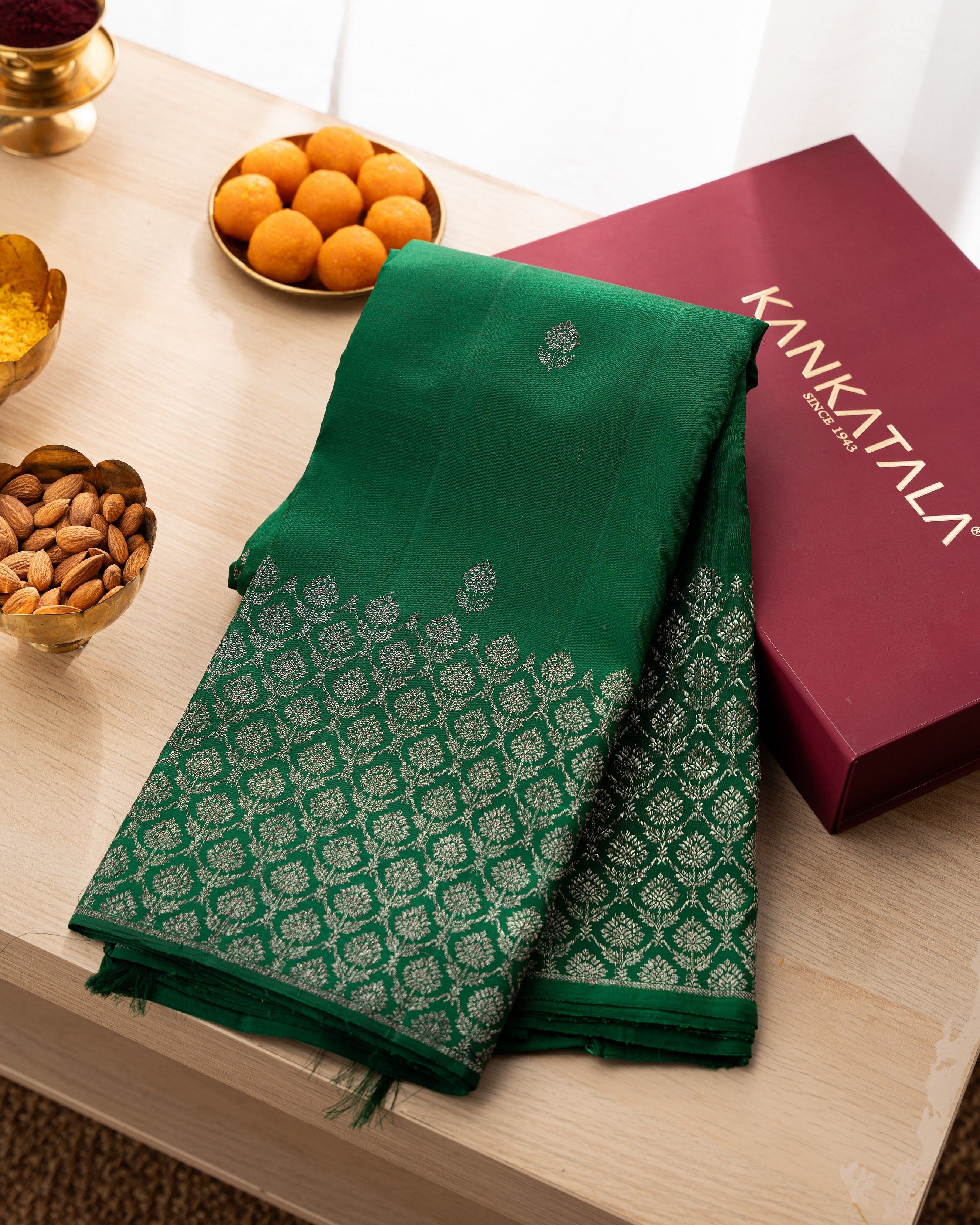 Semi raw silk saree pink and green with box type butta prints and thre –  Prashanti Sarees