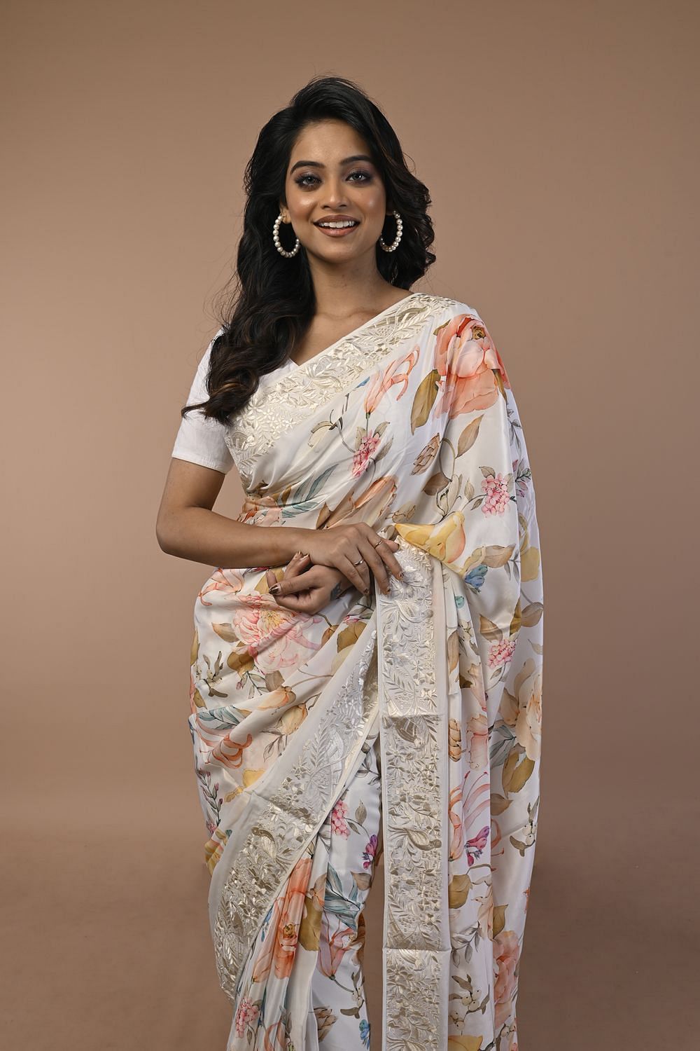Buy Bollywood Model Inspired white floral georgette saree n UK, USA and  Canada